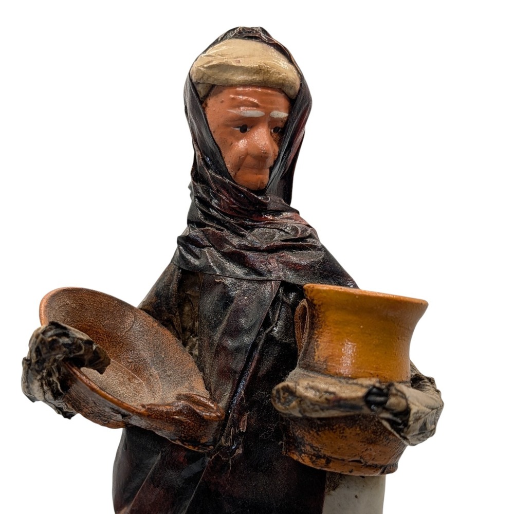 Mexican Folk Art Doll Vintage Paper Mache Woman‎ with Jug Bowl Handmade Mounted